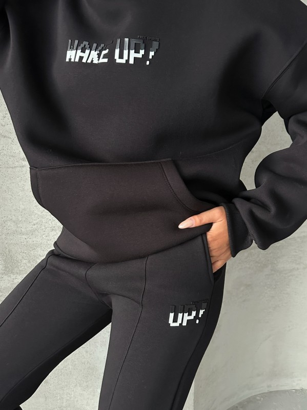 TKM-03630 Siyah Wake Up Kabartma Baskılı Kapüşonlu Sweatshirt Jogger Eşofman Üç İplik Şardonlu İkili Takım - 3