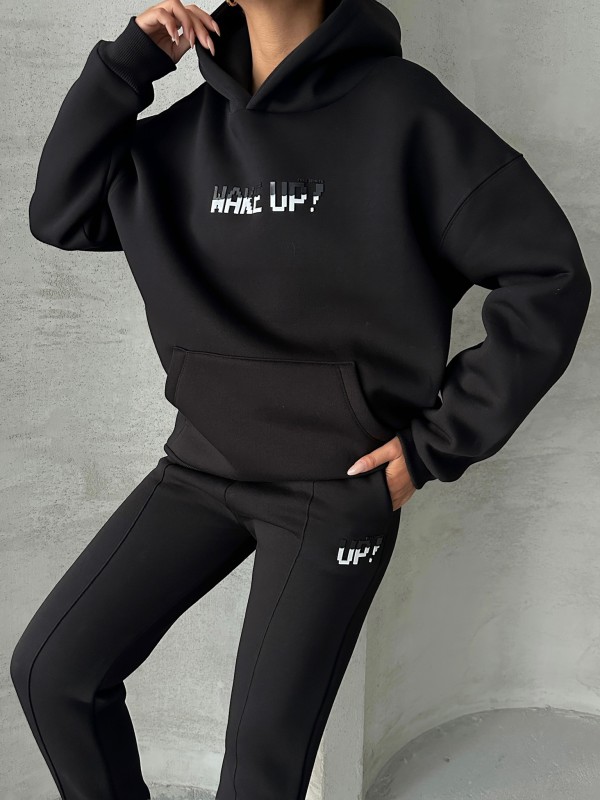 TKM-03630 Siyah Wake Up Kabartma Baskılı Kapüşonlu Sweatshirt Jogger Eşofman Üç İplik Şardonlu İkili Takım - 4