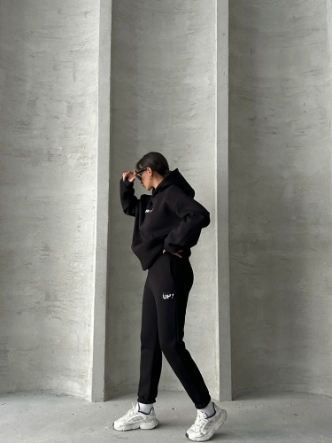 TKM-03630 Siyah Wake Up Kabartma Baskılı Kapüşonlu Sweatshirt Jogger Eşofman Üç İplik Şardonlu İkili Takım - 5