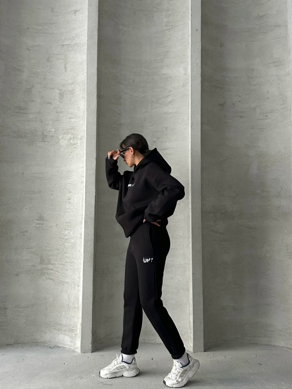 TKM-03630 Siyah Wake Up Kabartma Baskılı Kapüşonlu Sweatshirt Jogger Eşofman Üç İplik Şardonlu İkili Takım - 5