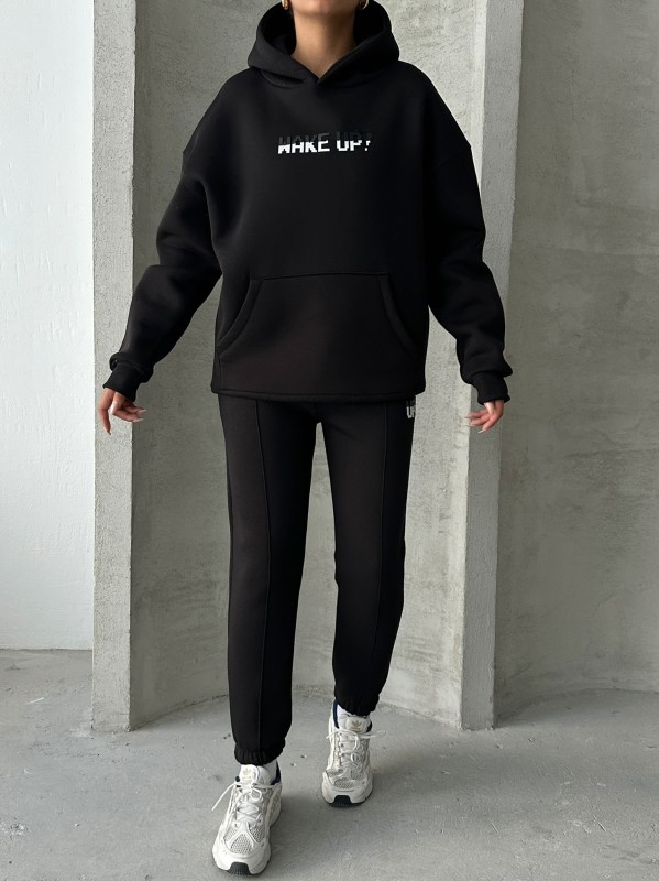 TKM-03630 Siyah Wake Up Kabartma Baskılı Kapüşonlu Sweatshirt Jogger Eşofman Üç İplik Şardonlu İkili Takım - 2