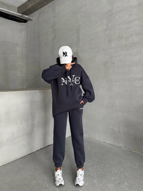 TKM-03631 Füme New York City Kabartma Baskılı Salaş Kapüşonlu Sweatshirt Jogger Eşofman İkili Takım - 4