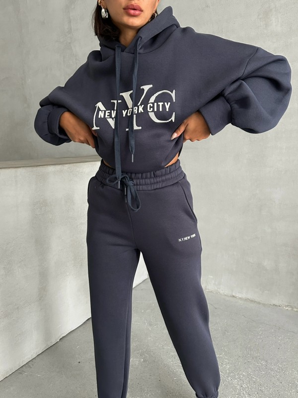 TKM-03631 Füme New York City Kabartma Baskılı Salaş Kapüşonlu Sweatshirt Jogger Eşofman İkili Takım - 5