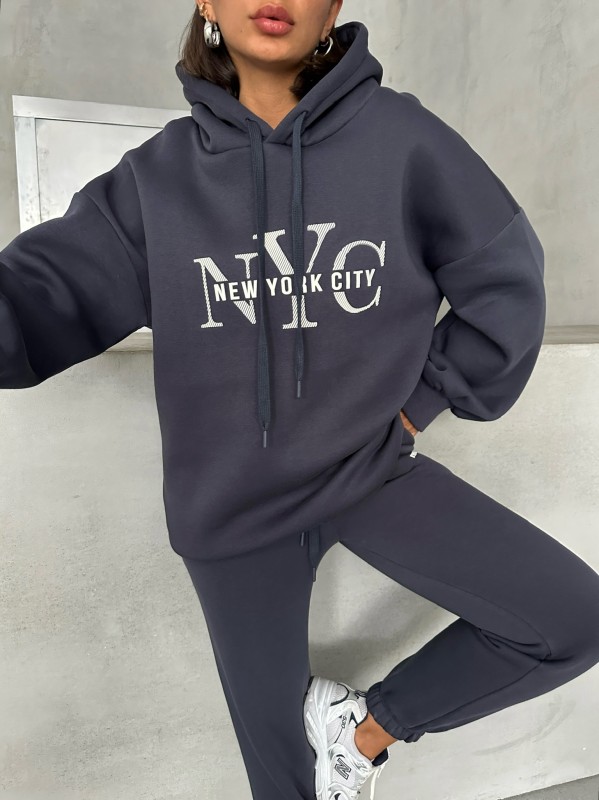 TKM-03631 Füme New York City Kabartma Baskılı Salaş Kapüşonlu Sweatshirt Jogger Eşofman İkili Takım - 2