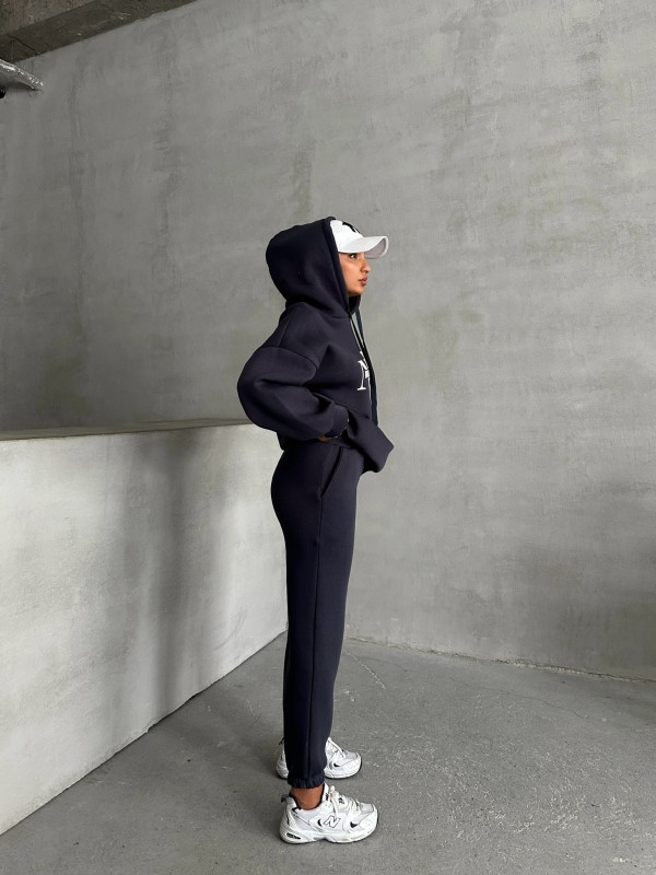 TKM-03631 Füme New York City Kabartma Baskılı Salaş Kapüşonlu Sweatshirt Jogger Eşofman İkili Takım - 6