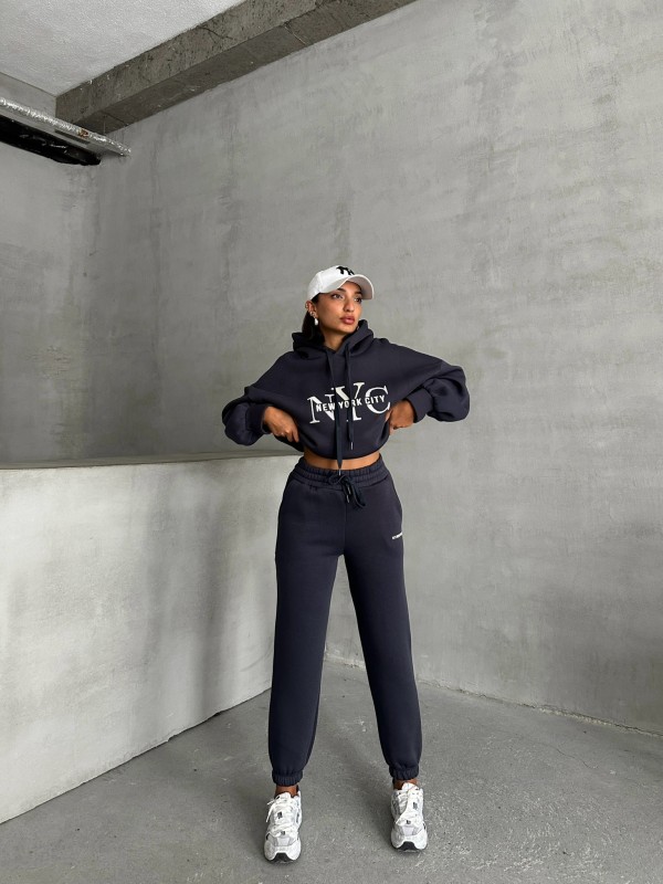 TKM-03631 Füme New York City Kabartma Baskılı Salaş Kapüşonlu Sweatshirt Jogger Eşofman İkili Takım - 7