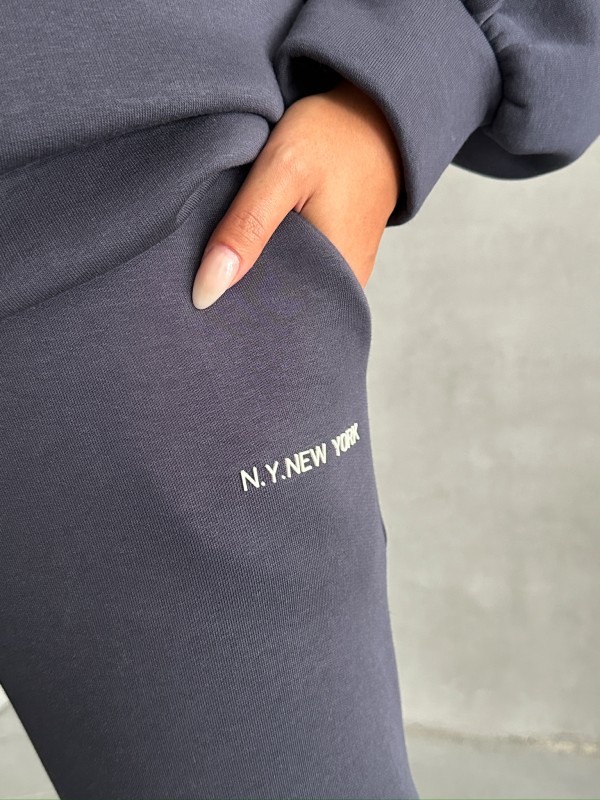 TKM-03631 Füme New York City Kabartma Baskılı Salaş Kapüşonlu Sweatshirt Jogger Eşofman İkili Takım - 3