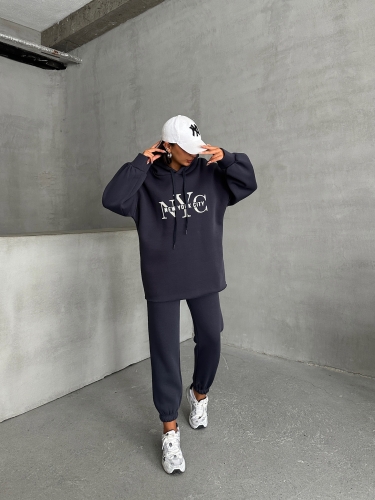 TKM-03631 Füme New York City Kabartma Baskılı Salaş Kapüşonlu Sweatshirt Jogger Eşofman İkili Takım 
