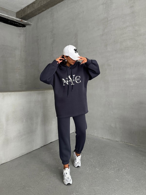 TKM-03631 Füme New York City Kabartma Baskılı Salaş Kapüşonlu Sweatshirt Jogger Eşofman İkili Takım - 1
