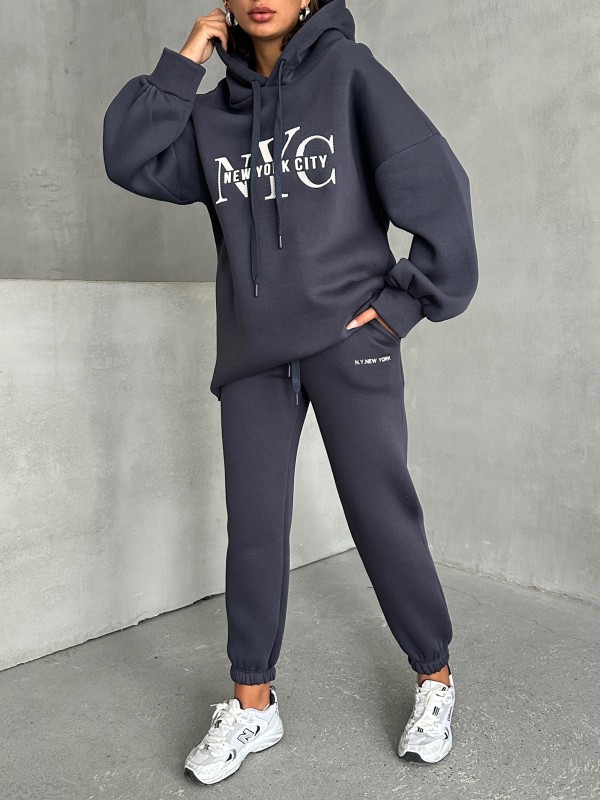TKM-03631 Füme New York City Kabartma Baskılı Salaş Kapüşonlu Sweatshirt Jogger Eşofman İkili Takım - 8