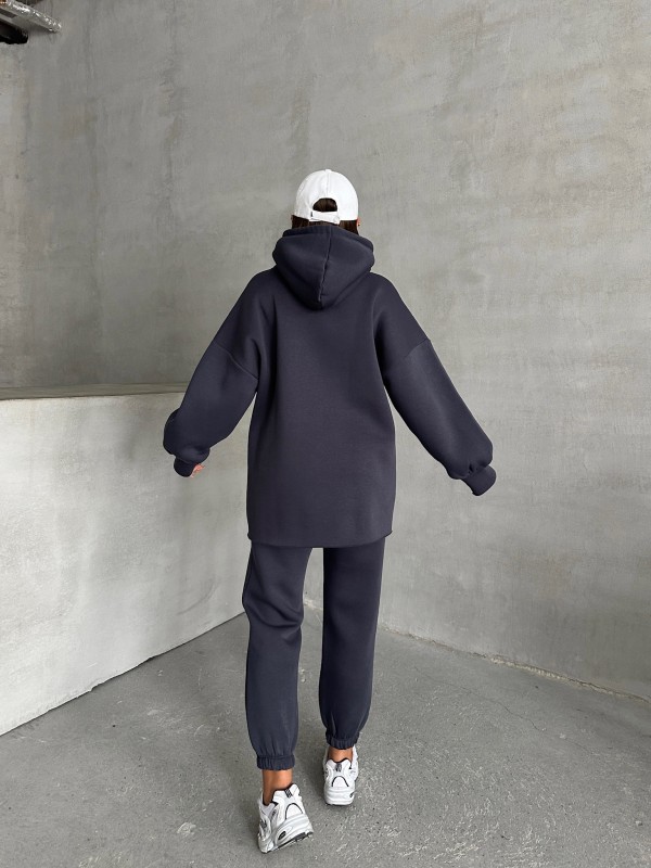 TKM-03631 Füme New York City Kabartma Baskılı Salaş Kapüşonlu Sweatshirt Jogger Eşofman İkili Takım - 9