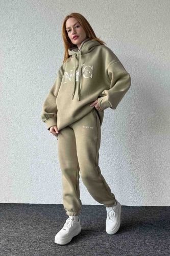 TKM-03631 Haki New York City Kabartma Baskılı Salaş Kapüşonlu Sweatshirt Jogger Eşofman İkili Takım - Cappmoda