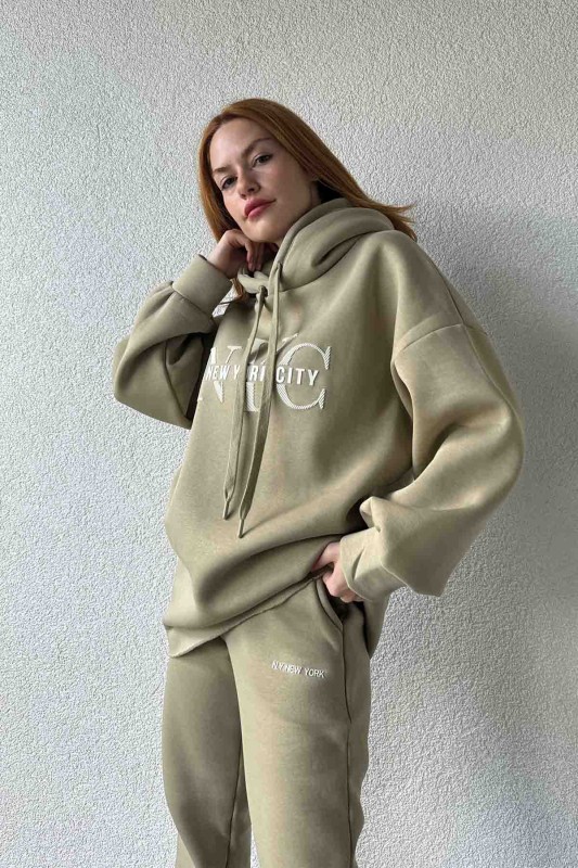 TKM-03631 Haki New York City Kabartma Baskılı Salaş Kapüşonlu Sweatshirt Jogger Eşofman İkili Takım - 3