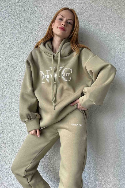 TKM-03631 Haki New York City Kabartma Baskılı Salaş Kapüşonlu Sweatshirt Jogger Eşofman İkili Takım - 2
