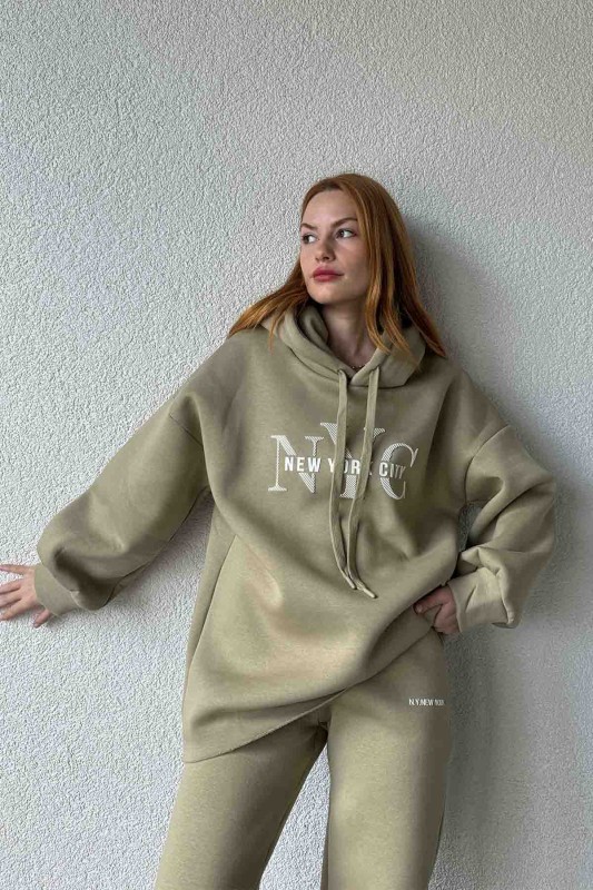 TKM-03631 Haki New York City Kabartma Baskılı Salaş Kapüşonlu Sweatshirt Jogger Eşofman İkili Takım - 4