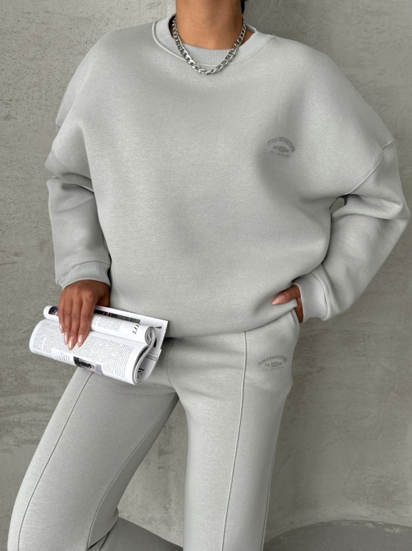 TKM-03635 Boyama Gri Style Yazı Baskılı Oversize Sweatshirt Çimalı Eşofman Üç İplik Şardonlu İkili Takım - 3