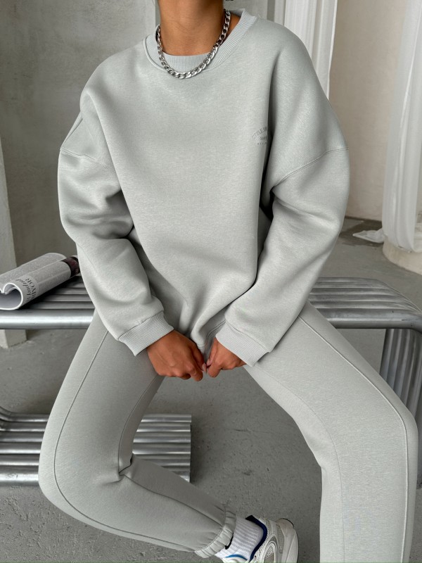 TKM-03635 Boyama Gri Style Yazı Baskılı Oversize Sweatshirt Çimalı Eşofman Üç İplik Şardonlu İkili Takım - 4