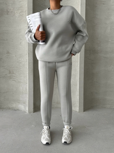 TKM-03635 Boyama Gri Style Yazı Baskılı Oversize Sweatshirt Çimalı Eşofman Üç İplik Şardonlu İkili Takım - 5