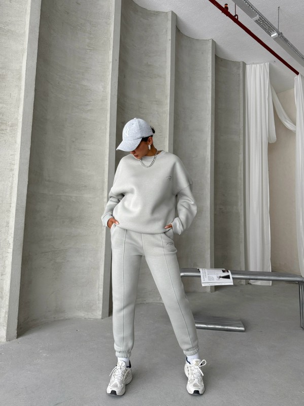 TKM-03635 Boyama Gri Style Yazı Baskılı Oversize Sweatshirt Çimalı Eşofman Üç İplik Şardonlu İkili Takım - 1