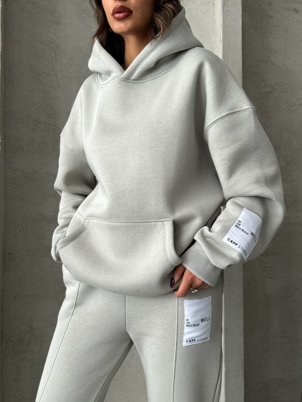 TKM-03637 Boyama Gri Etiket Detaylı Kapüşonlu Sweatshirt Çimalı Eşofman Üç İplik Şardonlu İkili Takım - 2