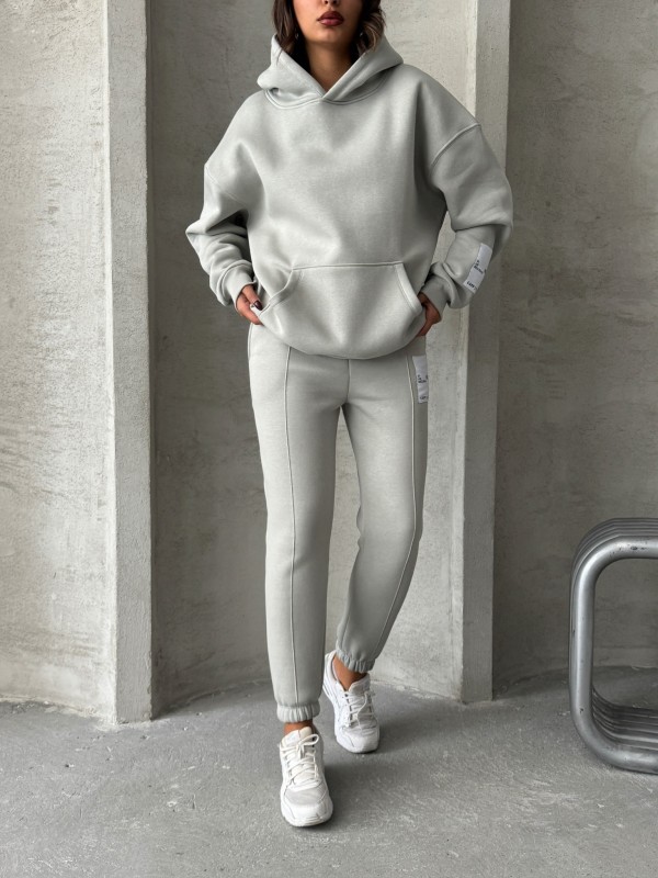 TKM-03637 Boyama Gri Etiket Detaylı Kapüşonlu Sweatshirt Çimalı Eşofman Üç İplik Şardonlu İkili Takım - 3