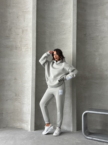 TKM-03637 Boyama Gri Etiket Detaylı Kapüşonlu Sweatshirt Çimalı Eşofman Üç İplik Şardonlu İkili Takım 