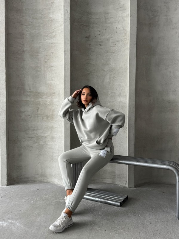 TKM-03637 Boyama Gri Etiket Detaylı Kapüşonlu Sweatshirt Çimalı Eşofman Üç İplik Şardonlu İkili Takım - 4