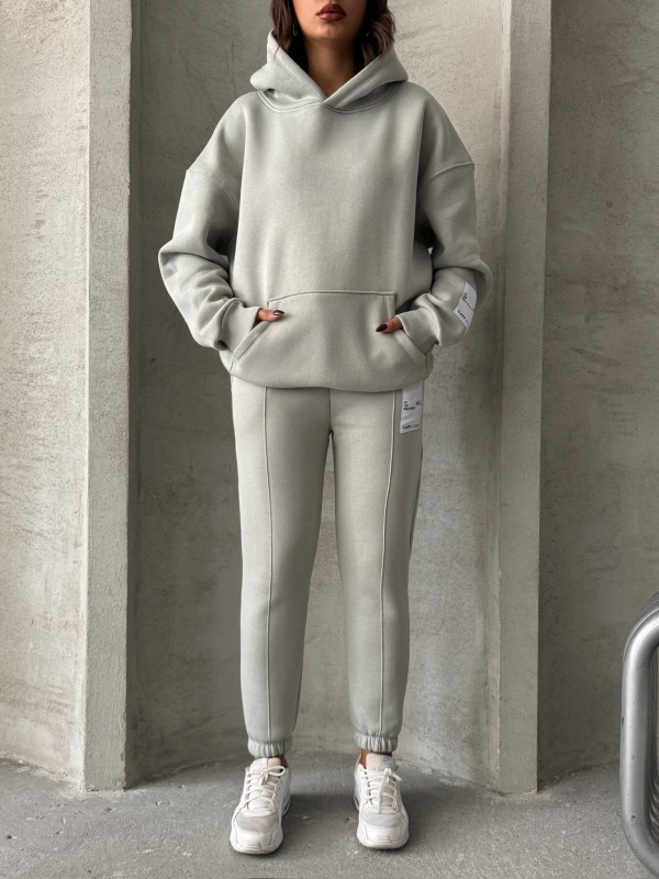 TKM-03637 Boyama Gri Etiket Detaylı Kapüşonlu Sweatshirt Çimalı Eşofman Üç İplik Şardonlu İkili Takım - 5