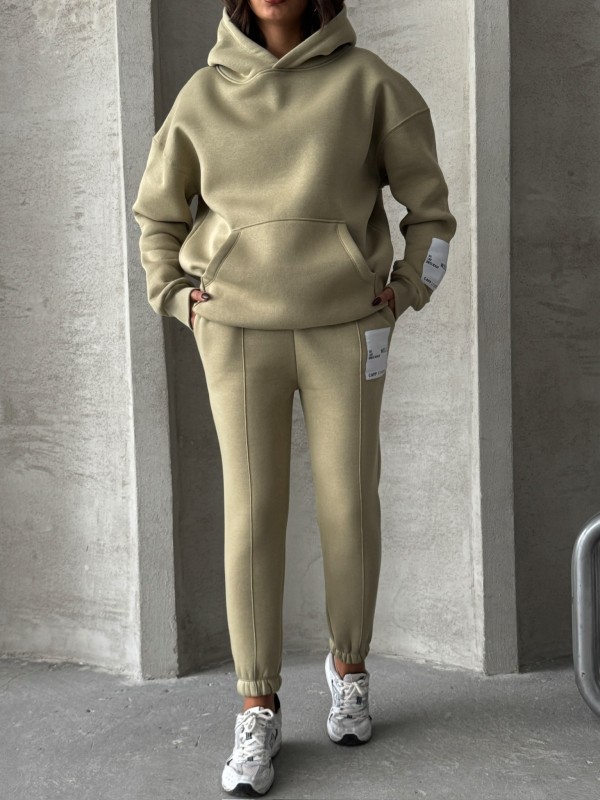 TKM-03637 Haki Etiket Detaylı Kapüşonlu Sweatshirt Çimalı Eşofman Üç İplik Şardonlu İkili Takım - 3