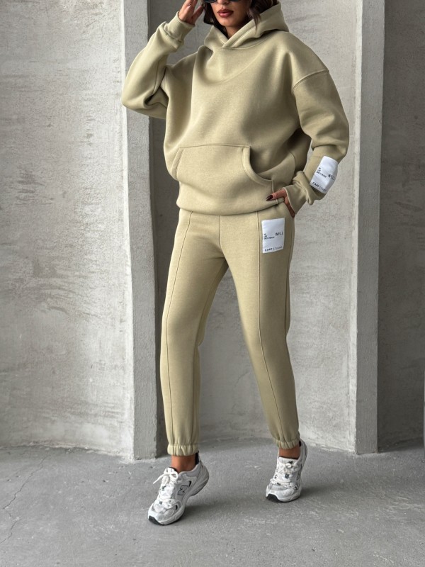 TKM-03637 Haki Etiket Detaylı Kapüşonlu Sweatshirt Çimalı Eşofman Üç İplik Şardonlu İkili Takım - 5