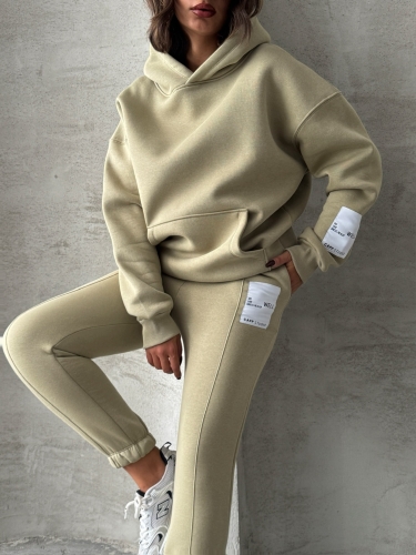 TKM-03637 Haki Etiket Detaylı Kapüşonlu Sweatshirt Çimalı Eşofman Üç İplik Şardonlu İkili Takım - Cappmoda (1)