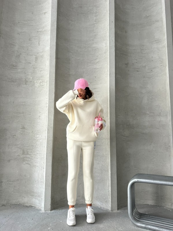 TKM-03637 Krem Rengi Etiket Detaylı Kapüşonlu Sweatshirt Çimalı Eşofman Üç İplik Şardonlu İkili Takım - 1
