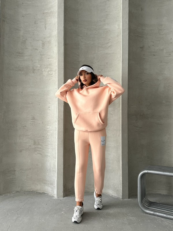 TKM-03637 Pudra Etiket Detaylı Kapüşonlu Sweatshirt Çimalı Eşofman Üç İplik Şardonlu İkili Takım - 1