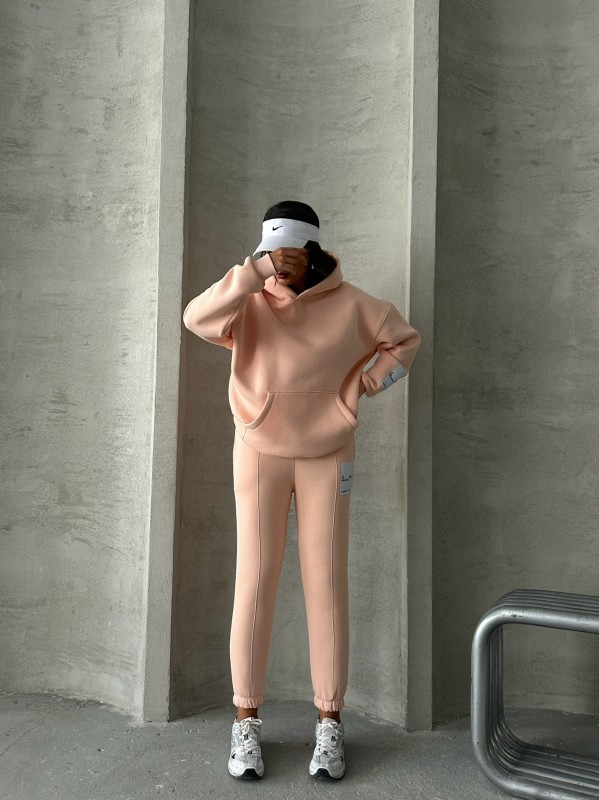 TKM-03637 Pudra Etiket Detaylı Kapüşonlu Sweatshirt Çimalı Eşofman Üç İplik Şardonlu İkili Takım - 5