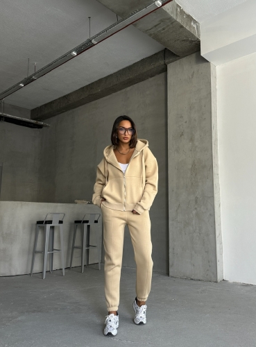 TKM-03638 Vizon Salaş Fermuarlı Hırka Jogger Eşofman Üç İplik Şardonlu Kumaş İkili Takım - Cappmoda