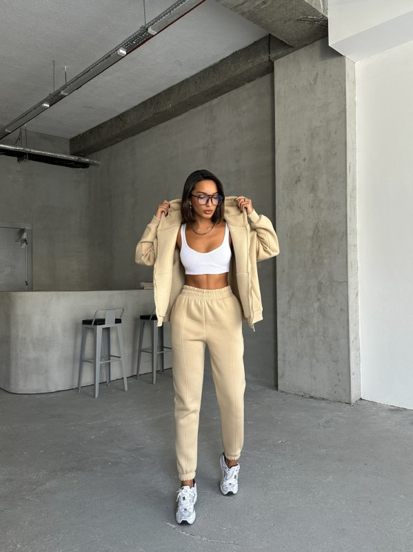 TKM-03638 Vizon Salaş Fermuarlı Hırka Jogger Eşofman Üç İplik Şardonlu Kumaş İkili Takım - 5