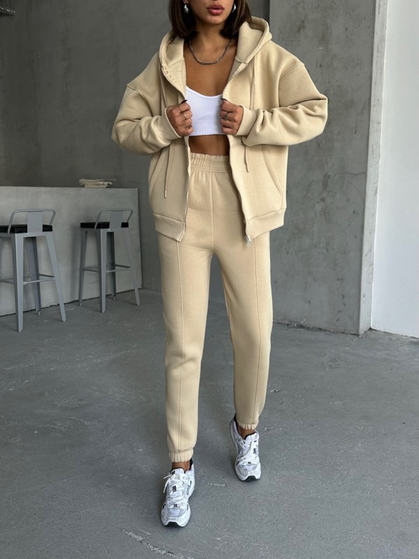 TKM-03638 Vizon Salaş Fermuarlı Hırka Jogger Eşofman Üç İplik Şardonlu Kumaş İkili Takım - 6