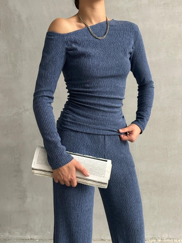 TKM-03641 İndigo Mavi Kayık Yaka Yan Büzgülü Bluz Salaş Pantolon İkili Takım 