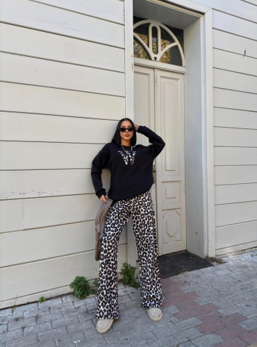 TKM-03652 Siyah W Leopar Desenli Üç İplik Şardonlu Sweatshirt Scuba Kumaş Palazzo Alt İkili Takım - 3