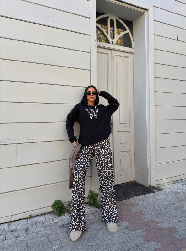 TKM-03652 Siyah W Leopar Desenli Üç İplik Şardonlu Sweatshirt Scuba Kumaş Palazzo Alt İkili Takım - 3