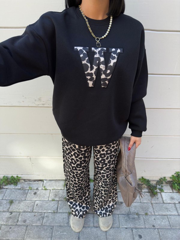 TKM-03652 Siyah W Leopar Desenli Üç İplik Şardonlu Sweatshirt Scuba Kumaş Palazzo Alt İkili Takım - 2