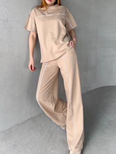 TKM-03653 Bej Rengi Muadil Kumaş Bisiklet Yaka Tshirt Bel Lastikli Palazzo Alt Biyeli İkili Takım - 2