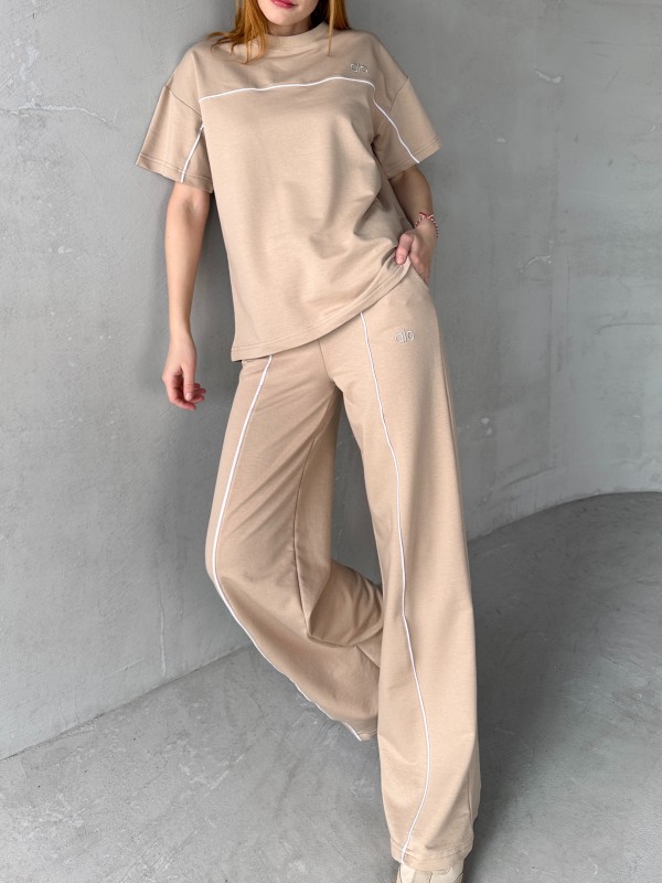 TKM-03653 Bej Rengi Muadil Kumaş Bisiklet Yaka Tshirt Bel Lastikli Palazzo Alt Biyeli İkili Takım - 2