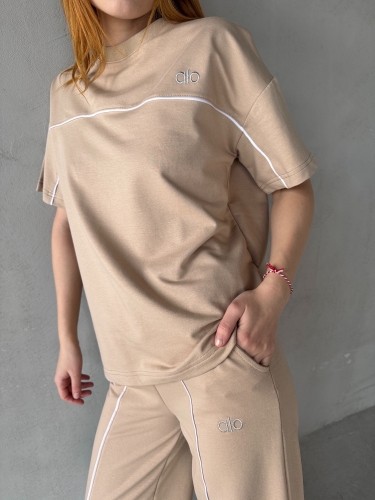 TKM-03653 Bej Rengi Muadil Kumaş Bisiklet Yaka Tshirt Bel Lastikli Palazzo Alt Biyeli İkili Takım - 3
