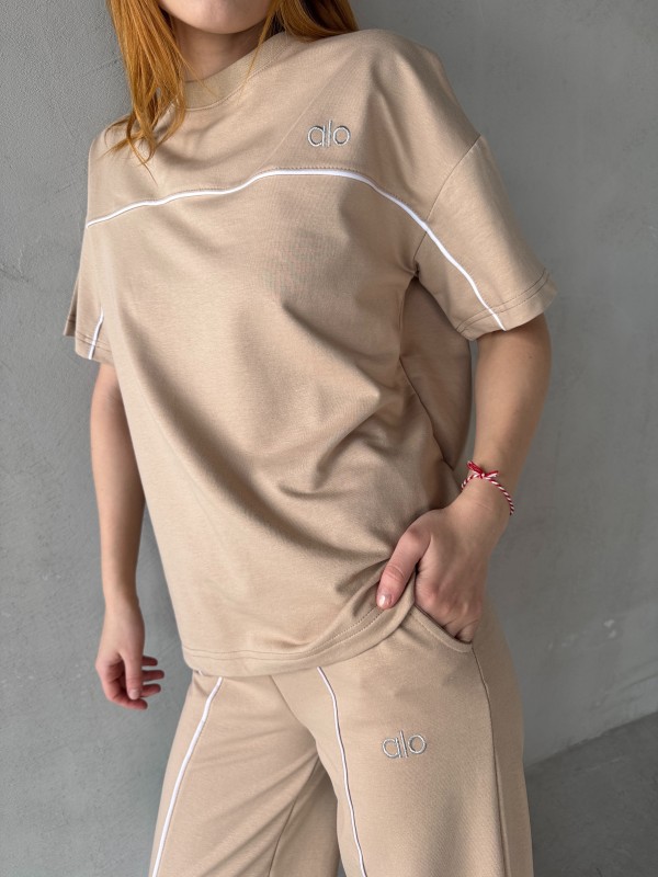 TKM-03653 Bej Rengi Muadil Kumaş Bisiklet Yaka Tshirt Bel Lastikli Palazzo Alt Biyeli İkili Takım - 3
