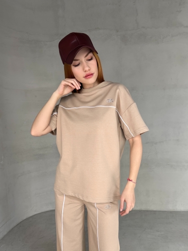 TKM-03653 Bej Rengi Muadil Kumaş Bisiklet Yaka Tshirt Bel Lastikli Palazzo Alt Biyeli İkili Takım - 4