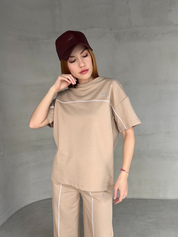 TKM-03653 Bej Rengi Muadil Kumaş Bisiklet Yaka Tshirt Bel Lastikli Palazzo Alt Biyeli İkili Takım - 4