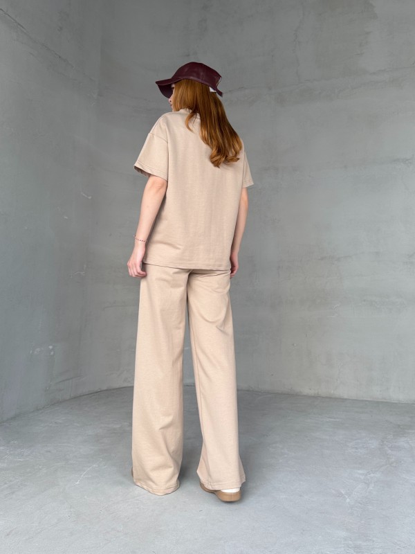 TKM-03653 Bej Rengi Muadil Kumaş Bisiklet Yaka Tshirt Bel Lastikli Palazzo Alt Biyeli İkili Takım - 6