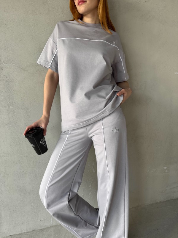 TKM-03653 Boyama Gri Muadil Kumaş Bisiklet Yaka Tshirt Bel Lastikli Palazzo Alt Biyeli İkili Takım - 2