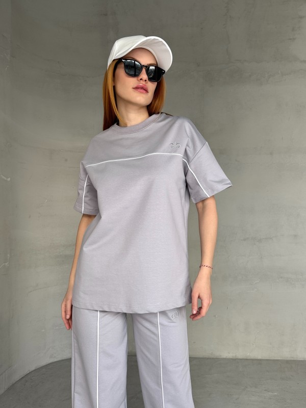 TKM-03653 Boyama Gri Muadil Kumaş Bisiklet Yaka Tshirt Bel Lastikli Palazzo Alt Biyeli İkili Takım - 3